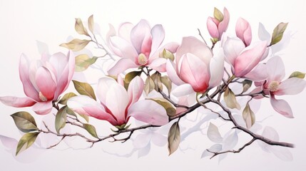 A graceful watercolor botanical illustration of a magnolia blossom, depicting its soft petals and gentle curves - obrazy, fototapety, plakaty