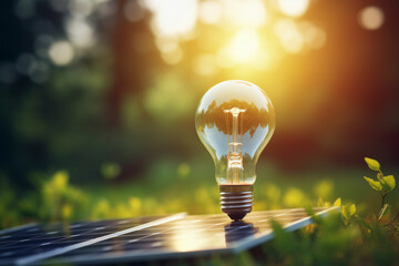 Electric light bulb on solar photovoltaic panel on grass. Renewable energy concept.