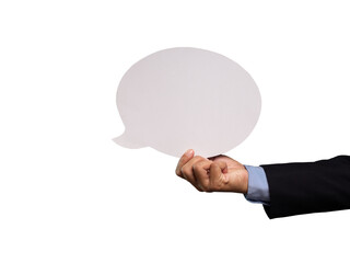 Close-up of a businessman holding a blank white speech bubble while standing on a transparent...