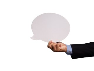 Close-up of a businessman holding a blank white speech bubble while standing on a transparent background
