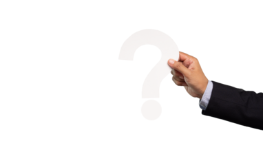 Hand holding a white question mark symbol against a transparent background.