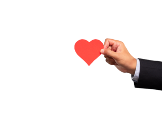 Close-up of hand a man holding a red heart symbol made from red paper while standing on a  transparent background.