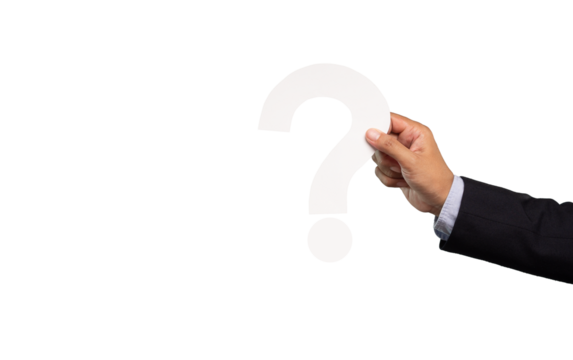 Hand holding a white question mark symbol against a transparent background. - Powered by Adobe