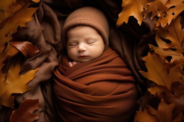 Studio shot of a baby wrapped in a soft blanket with a backdrop of painted leaves - First Autumn - AI Generated