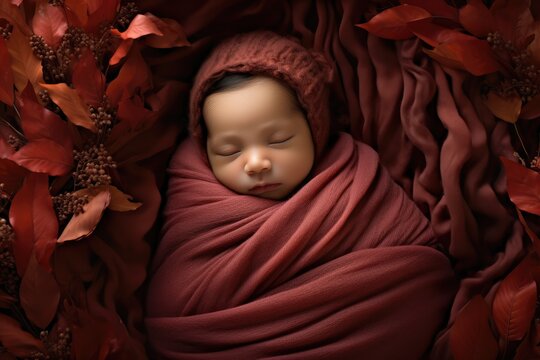 Studio shot of a baby wrapped in a soft blanket with a backdrop of painted leaves - First Autumn - AI Generated