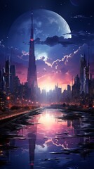 Fototapeta premium Vibrant Cyber City Nightscape. Futuristic Skyscrapers in Neon Glow.