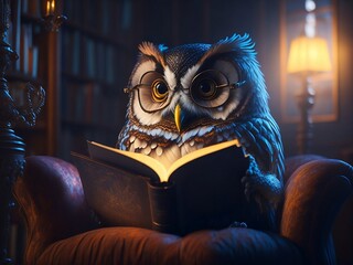 Owl with a book sits in an old armchair in a library