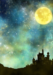 星空に輝くお月様とお城の風景