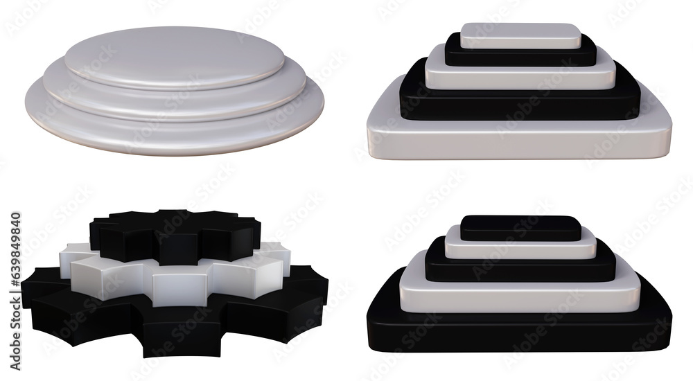 Poster set of podium design in 3d rendering isolated on transparent background. round geometric platform fo