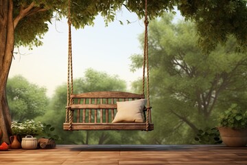 Dreamy balcony hammock surrounded by vibrant greenery. Relaxing outdoor escape with nature's touch. Concept of tranquil garden haven.