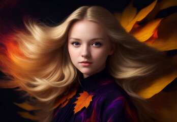 portrait of a woman in autumn theme with black hair and maple leave as background