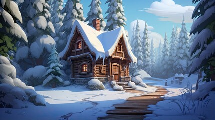 A cabin in a snowy forest