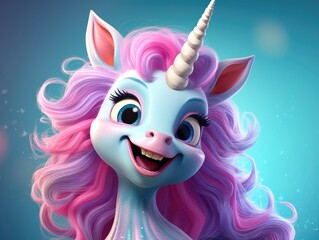 a cute and happy unicorn with eyes wide open in cartoon style