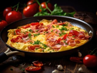 Omelette with onions, tomatoes and ham in a frying pan, close-up shot