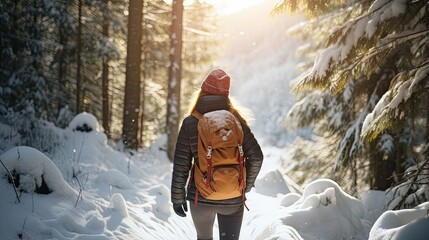Female hiker, full body, view from behind, walking through a snowy forest