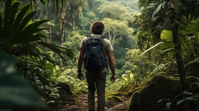 Male hiker, full body, view from behind, walking in the jungle