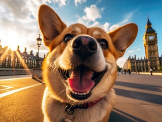 A cute dog smiles while taking a selfie in front of Big Ben Tower