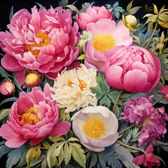 A vibrant watercolor botanical illustration of a bouquet of peonies, showcasing their lush petals and captivating colors