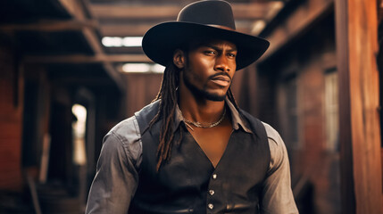 Dark skinned man as a cowboy or sheriff on wild west theme park.  