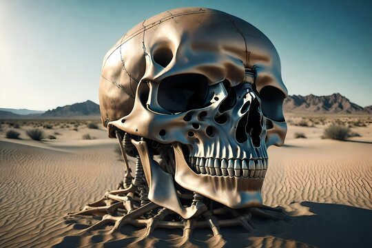 Skeleton of human head in desert 