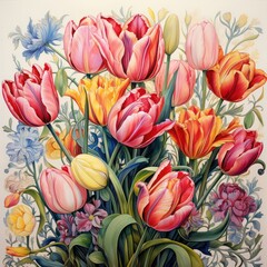A vibrant watercolor botanical illustration of a bouquet of tulips, showcasing their vibrant colors and elegant form