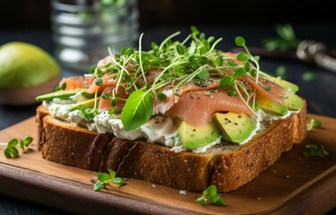 Rye bread toast topped with cream cheese, avocado, and smoked salmon. Perfect for breakfast, lunch, appetizer or snack. Generative AI