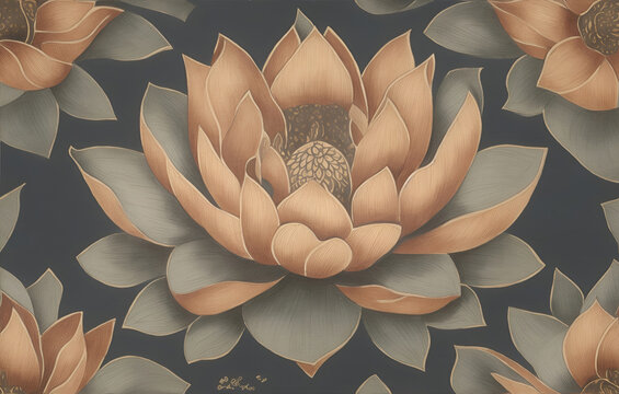water lily lotus flower vintage traditional illustration seamless pattern background