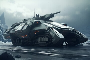 A futuristic tank sitting in an urban city