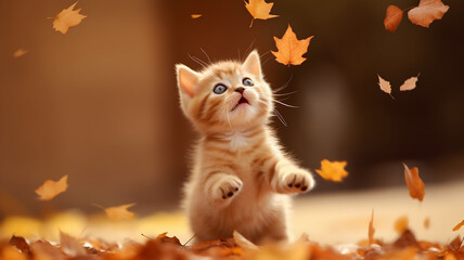 Little red kitten playing with fall leaves - obrazy, fototapety, plakaty