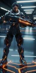 Female android cyborg with futuristic plasma rifle