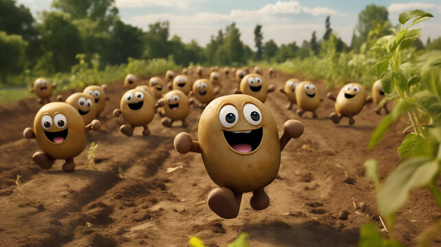Potatoes in the form of cute characters running away from the field. Funny faces.