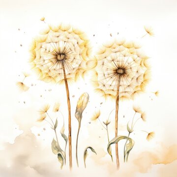 A whimsical watercolor botanical illustration of a dandelion in the wind, capturing its ethereal and delicate nature