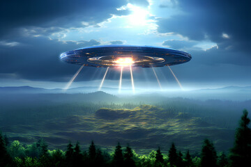 UFO or aliens spaceship flying over the green landscape. Generative AI.
