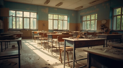 Empty Classroom. Back to school concept in high school. Classroom Interior Vintage Wooden Lecture Wooden Chairs and Desks. Studying lessons in secondary education.