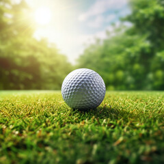 Obraz premium Golf ball on grass, on green background, sport concept