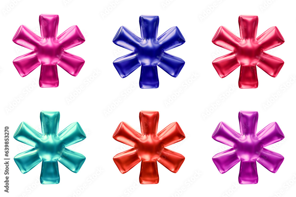 Poster set of asterisk mark symbol design. icon or sign shape isolated on transparent background in 3d rend