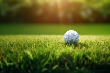 Obraz premium Golf ball on grass, on green background, sport concept