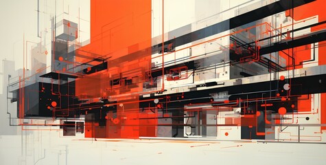 Abstract painting with lines, orange and black on white, geometric shape, industrial composition, monochrome, futuristic shapes.