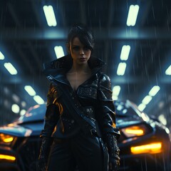 Obraz premium Elegance Meets Elements: Alluring Figures and a Luxurious Car Ignite Charisma Amidst the Rain
