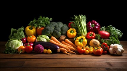 A symmetrical arrangement of vibrant vegetables on a rustic wooden table | generative ai