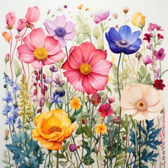 A whimsical watercolor botanical illustration of a meadow of wildflowers, capturing their varied colors and delicate petals