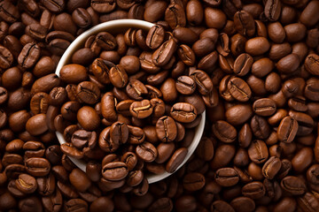 Obraz premium White cup with coffee beans on the background of coffee beans. Generative AI