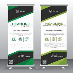 Roll-up banner, stand vector.Graphic template for posting photos and text decoration of exhibitions, conferences, seminars, advertising, business concept. - green and black color