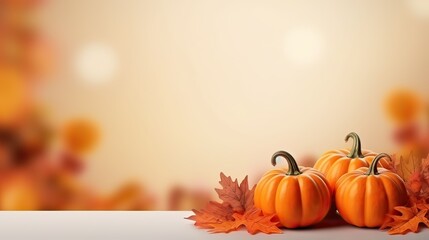 Naklejka na ściany i meble Festive autumn decor from pumpkins and leaves on blurry lights on background 