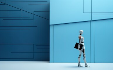 AI robot holds a briefcase in front of  blue wall waiting for a job interview