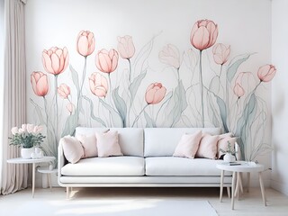Kids room wallpaper with animals and pastel colors. Nursery wall mural, very minimalistic drawing, white wall,