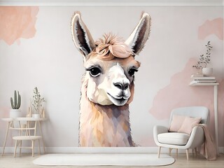 Kids room wallpaper with animals and pastel colors. Nursery wall mural, very minimalistic drawing, white wall,