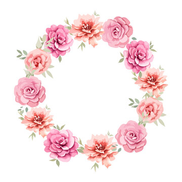 Circle roses frame, wreath flowers template isolated on white