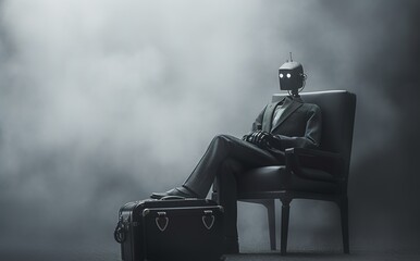 AI robot sitting down holding a briefcase waiting for a job interview