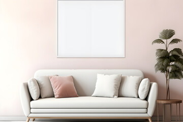 Blank horizontal poster frame mock up in Scandinavian style living room interior, modern living room interior background, beige sofa and pampas grass generated by AI.